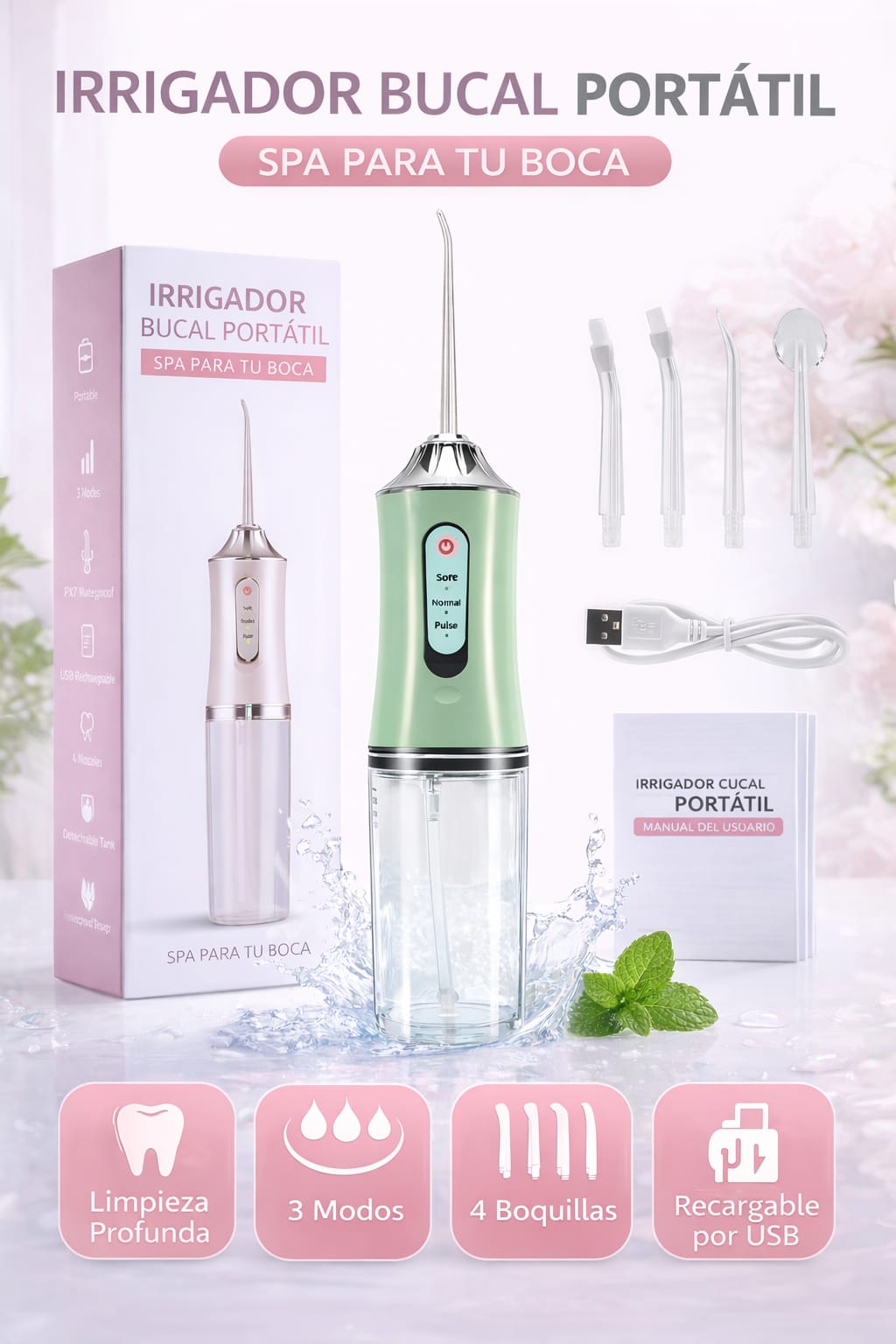 Irrigador bucal eléctrico con chorro de agua, limpiador dental